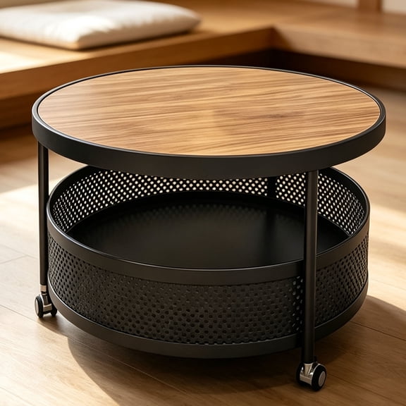 Turcyy Round Coffee Table with Wheels, 2Tier WoodLook Top Circular Side Table for Compact Living Spaces
