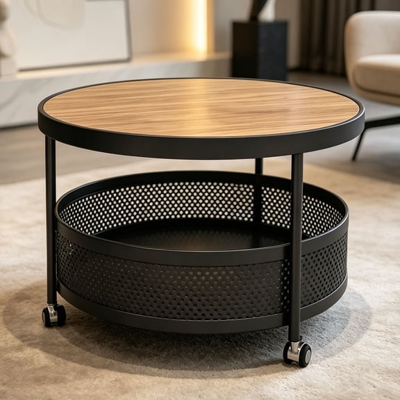 Turcyy Round Sofa Side Table with Wheels, 2Tier WoodLook Tabletop Mobile Coffee Table for Living Room Balcony Bedroom