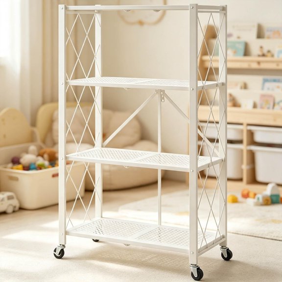 Turcyy Storage Organizer Shelf, 4Tier Foldable Metal Rack with Swivel Caster Wheels, White NoAssembly Shelving Unit for Home, Apartment and Office Use