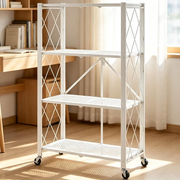 Turcyy Storage Shelving Unit, 4Tier Foldable Metal Rack with 360 Swivel Wheels, White NoAssembly Organizer for Kitchen and Household Supplies