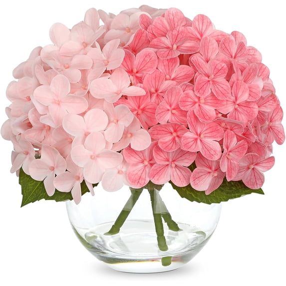 Ture Touch Artificial Hydrangea Flowers Arrangement in Glass Vase with Faux Water, Real Touch Soft Petals Pink Mixed Color Fake Flower Centerpiece for Dining Table Wedding Party, Farmhouse Home Decor