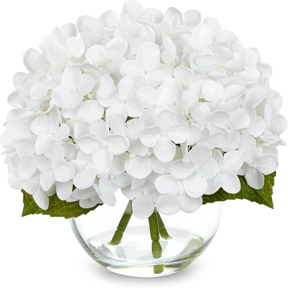 Ture Touch Artificial Hydrangea Flowers Arrangement in Glass Vase with Faux Water, Real Touch Soft Petals White Hydrangea Fake Flower Centerpiece for Dining Table Wedding Party, Farmhouse Home Decor