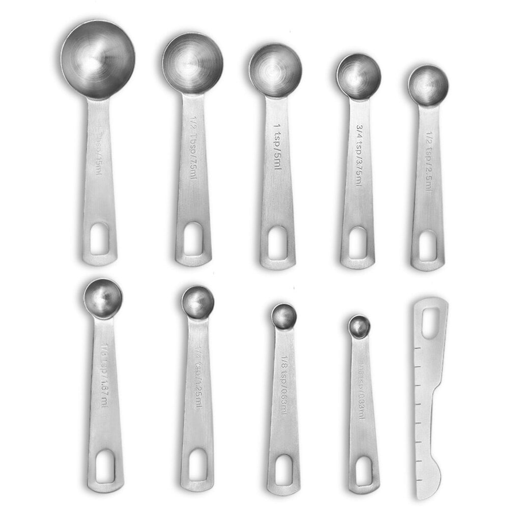 2lb Depot Stainless Steel Measuring Spoons Set of 9 Includes Bonus Leveler, Narrow Design Fits in Spice Jars for Dry or Liquid Ingredients