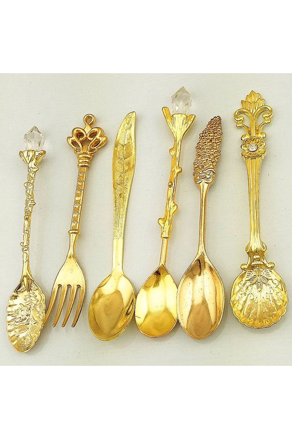 6pcs Bronze Carved Eco-Friendly Small Tea Coffee Spoons Food Fork Mixing Scoop