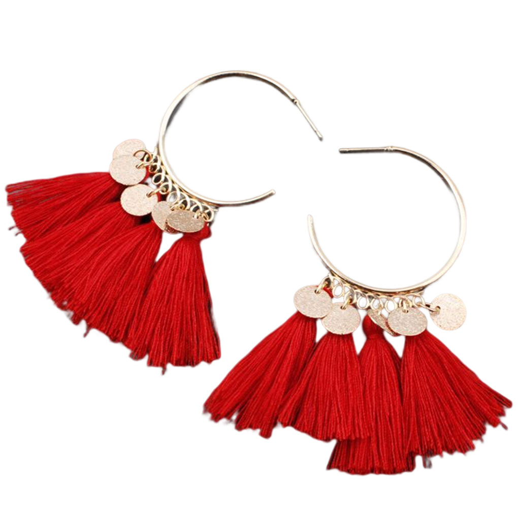 TureClos Chandelier Earrings Bohemian Sector Shape Tassel Ear Dangle Fringe Hoop Valentines Day Gift for Beach Girls Accessories Red - image 1 of 8