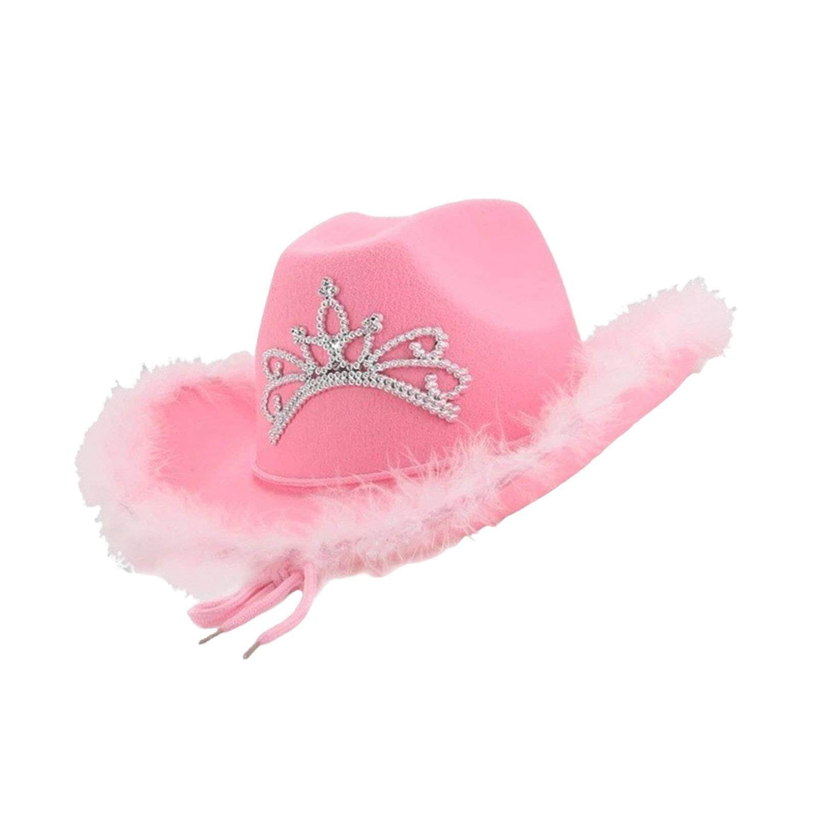 TureClos Cowboy Hat Crystal Crown Light Pink Wide Brim Cowgirl Hat for