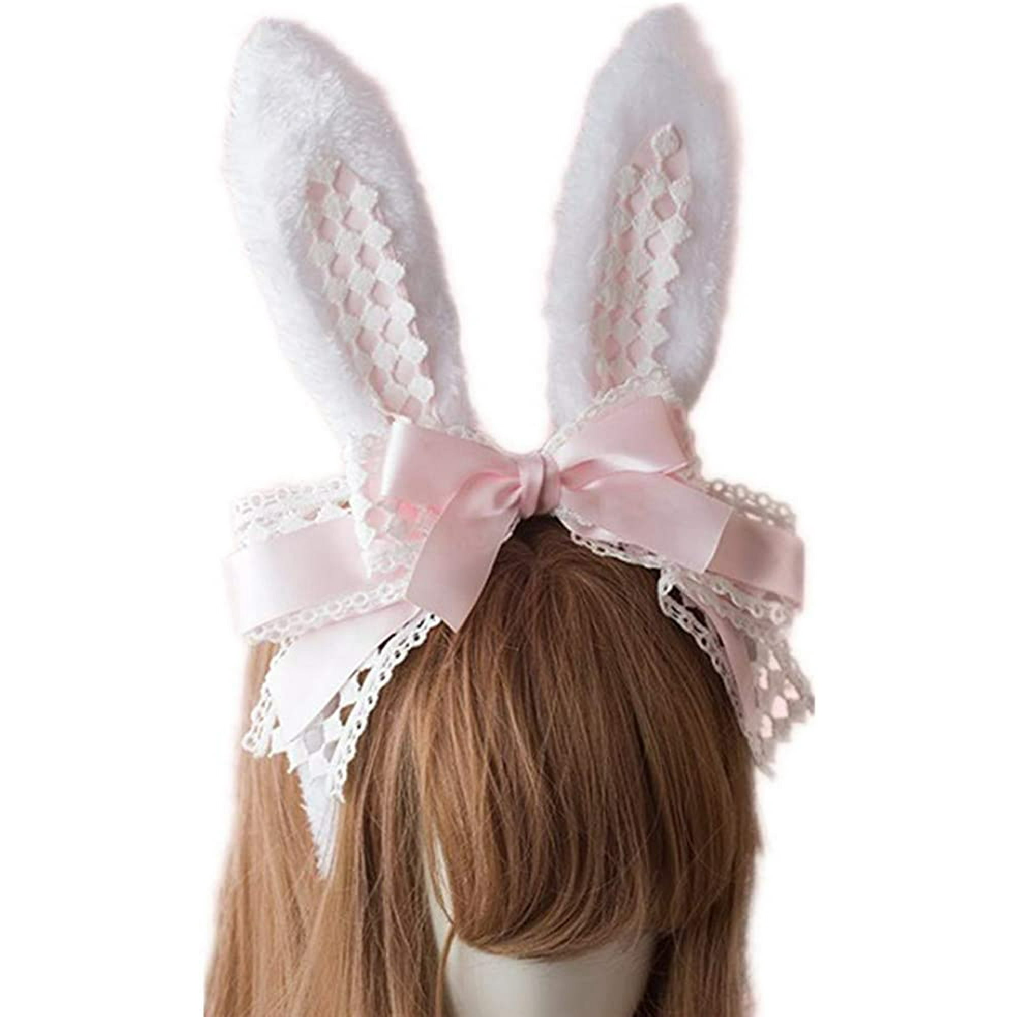 TureClos Easter Party Kawaii Hair Accessory Headband Gothic Lolita Cosplay  Cute Rabbit Bunny Ears Bow Lace Hair Band Headwear 