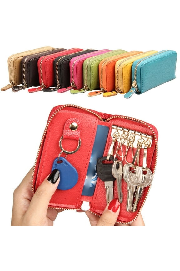 Leather Key Case Card Holder Zipper Solid Color Purse Wallet Car Keys Holder Fashion Pouch Men Women Housekeeper Black