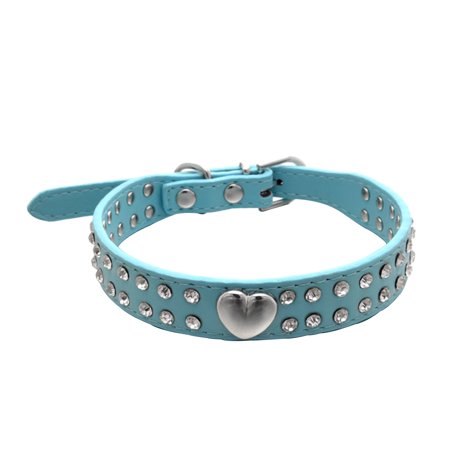 TureClos Pet Collar Rhinestones Crystal Heart PU Leather Pet Necklace Jewelry Holiday Gift,Blue,XS