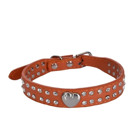 TureClos Pet Collar Rhinestones Crystal Heart PU Leather Pet Necklace Jewelry Holiday Gifts,Orange,S