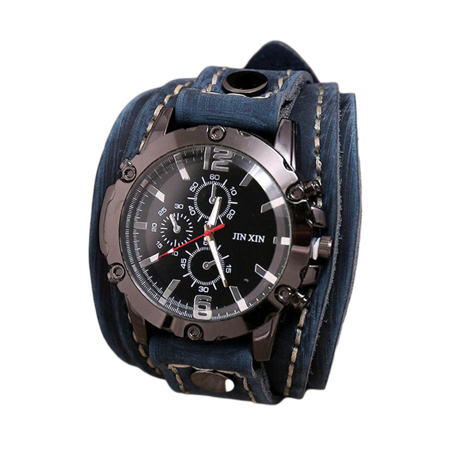 SDJMa Handmade Men Watches Vintage Punk Hip-hop Gothic Wide PU Leather Fashion Cuff Round Dial Quartz Wristwatch Big Dial Red