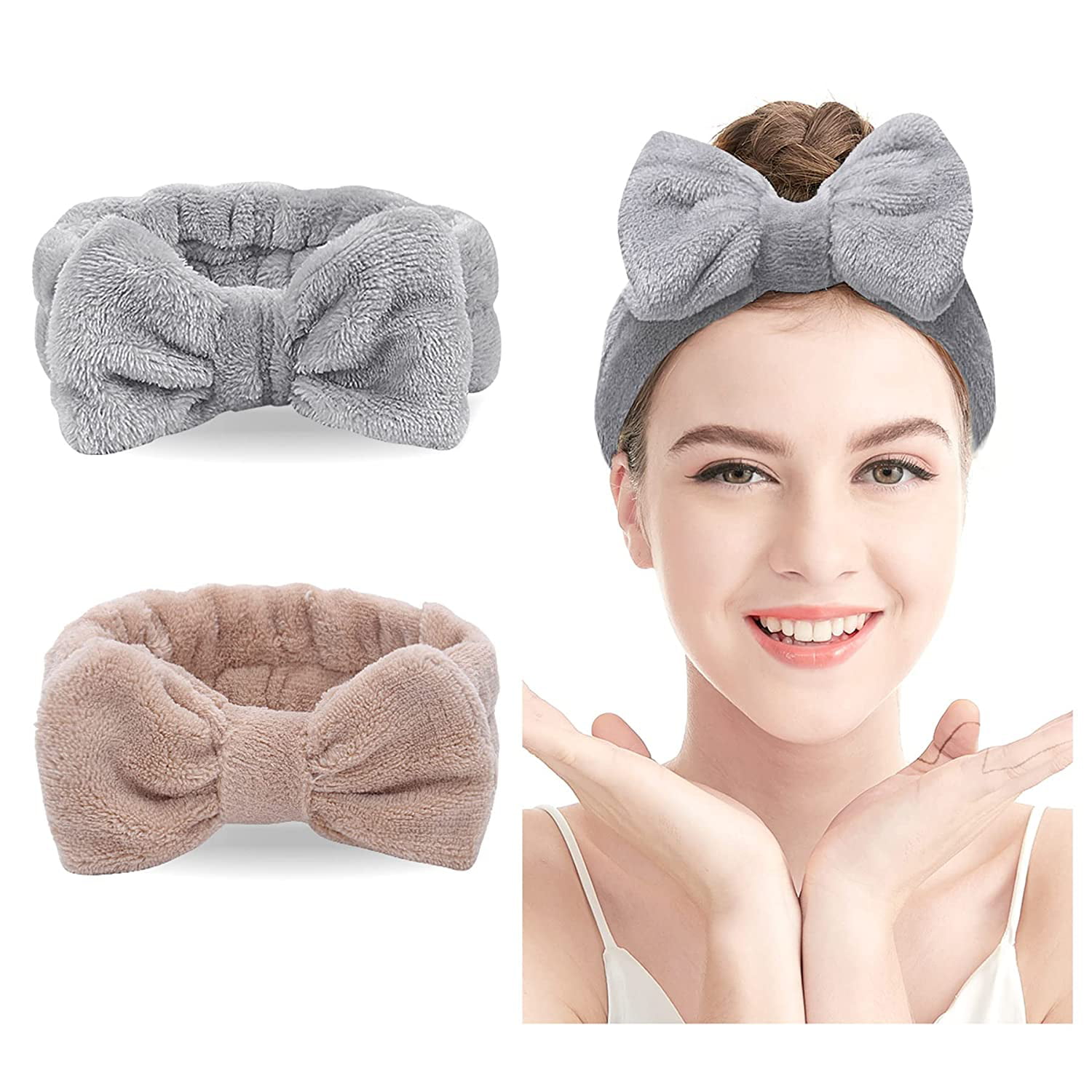 TureClos Spa Headband - 2 Pack Bow Hair Band Women Facial Makeup Head Band  Soft Coral Fleece Head Wraps For Shower Washing Face 