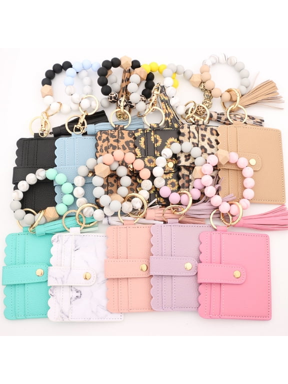 Women Keychain Bag with Tassel Wallet Fashion Key Chain Snap Button Card Holder Bangle Bracelet Keyring Pendant Accessory Gray Blue