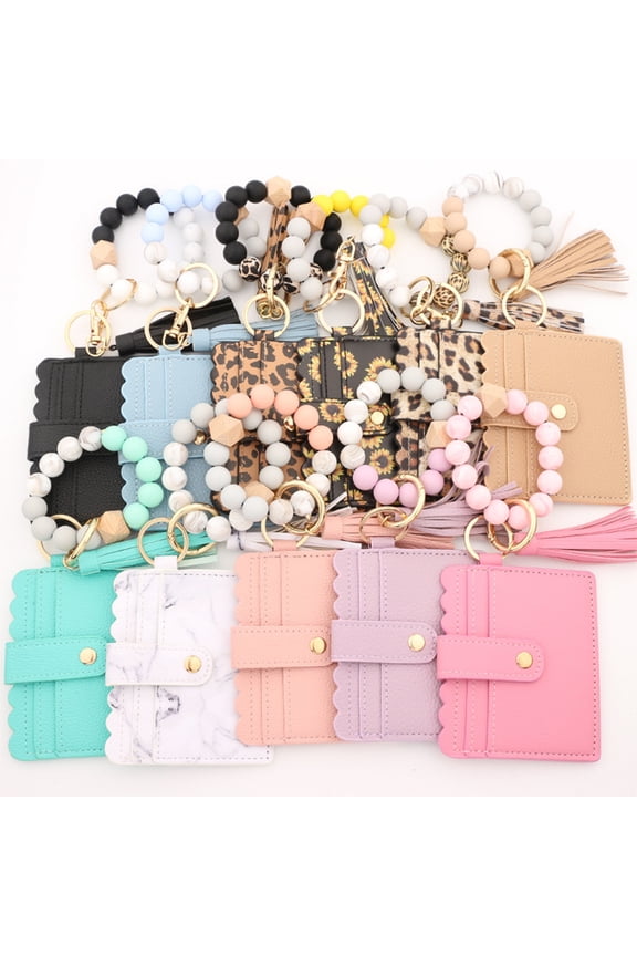 Women Keychain Bag with Tassel Wallet Fashion Key Chain Snap Button Card Holder Bangle Bracelet Keyring Pendant Accessory Pink