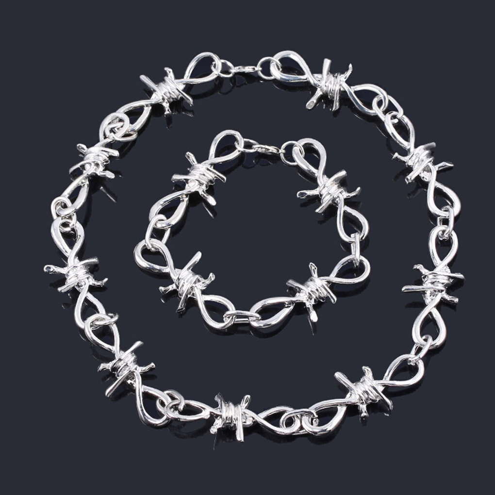 ●VVV● SET FUNKY MIX BOLD CHAIN SURGICAL NECKLACE BRACELET TureClos-Women-Men-Barb-Wire-