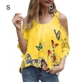 thumbnail image 1 of TureClos Women Shirt Printed Off Shoulder Top Round Neck Hollow Casual Blouse, Yellow, S, 1 of 5