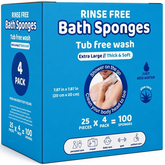 Turgiene Rinse-Free Bath Sponges, 100 Count, Disposable, Extra Thick & Soft, Water Activated with Aloe Vera, 4 Packs of 25