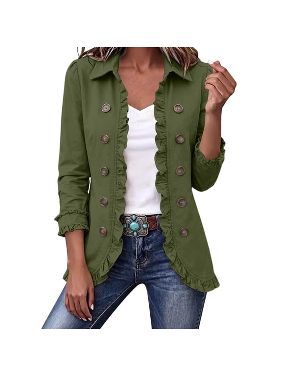 Womens Ruffle Trim Open Front Jacket Double Breasted Long Sleeve Turn Down Collar Coat with Lining Vintage Inspired Fall Outerwear for Women