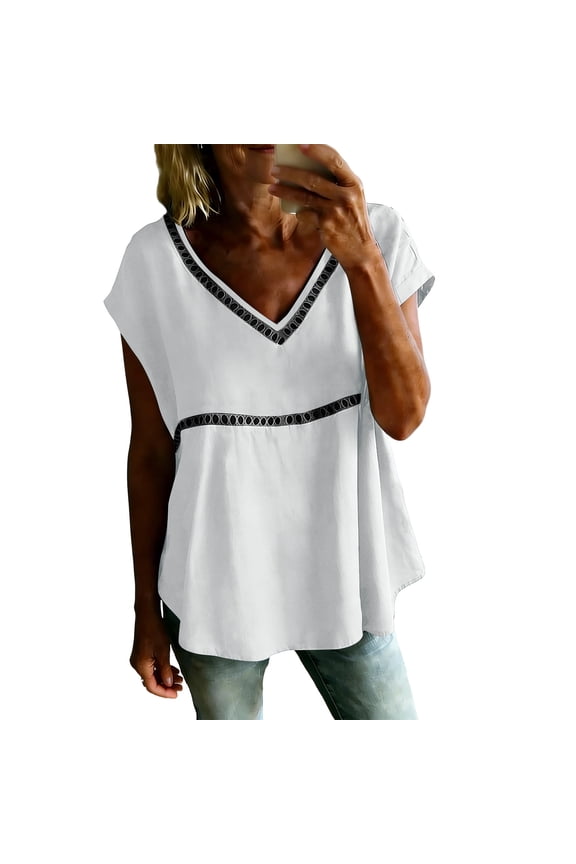 Boho Lace Trim Blouse for Women V-Neck Short Sleeve Loose Fit Casual Peplum Top Button Shirts