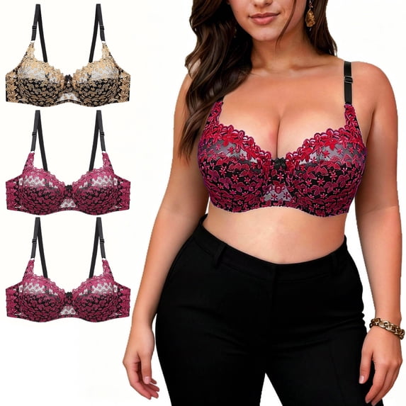 Turilly Bras 3 Pack Plus Size Womens Lace Underwire Bra Push Up Hollow Out Comfortable Fit Everyday Bras