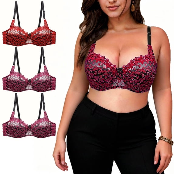 Turilly Bras 3 Pack Plus Size Womens Lace Underwire Bra Push Up Hollow Out Comfortable Fit Everyday Bras