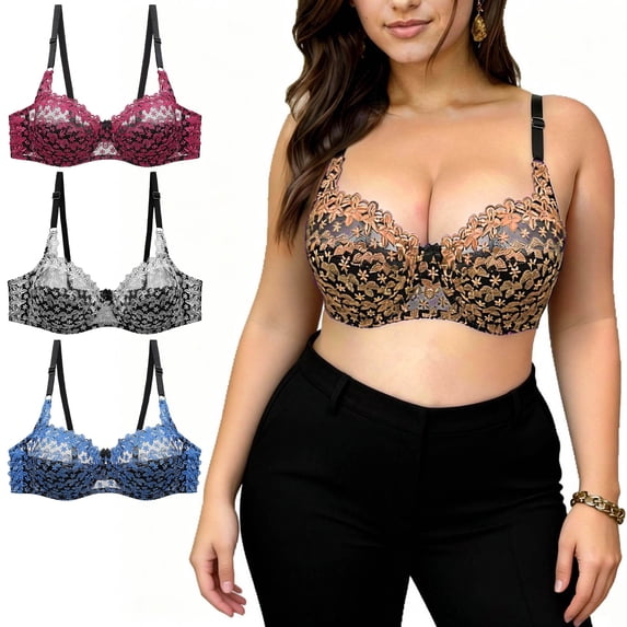 Turilly Bras 3 Pack Plus Size Womens Lace Underwire Bra Push Up Hollow Out Comfortable Fit Everyday Bras