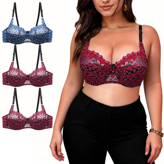 Turilly Bras 3 Pack Plus Size Womens Lace Underwire Bra Push Up Hollow Out Comfortable Fit Everyday Bras
