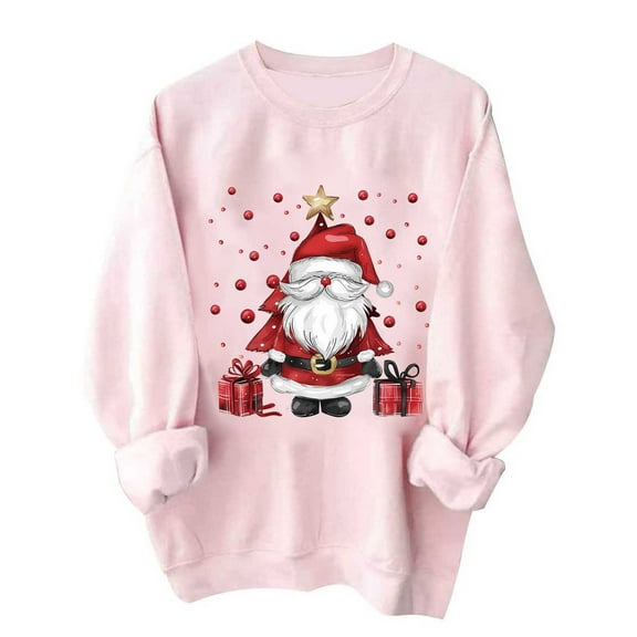 Turilly Christmas Printed Hoodies for Women Women's Fashion Loose Long Sleeve Blouse Round Neck Hoodless Sweatshirts