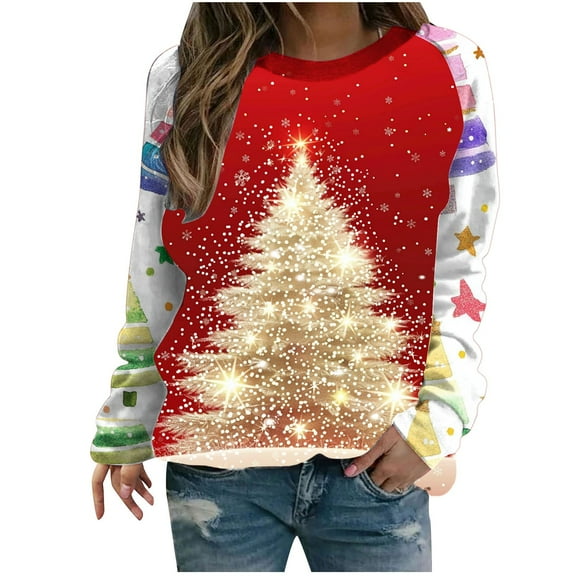 Turilly Christmas Tree Printed Sweatshirts for Women Loose Fit Round Neck Sweatshirt