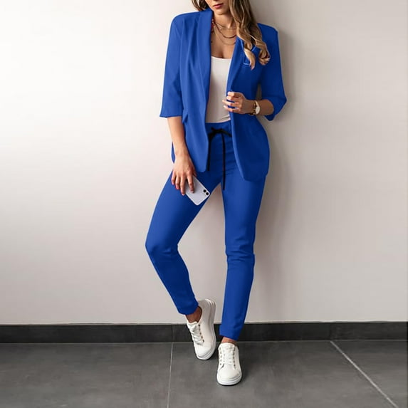Turilly Clothes Sets for Women 2 Piece Women's Casual Lattice Color Suit Long Sleeve Blazer and Long Pants Two-piece Set
