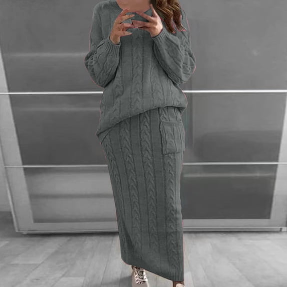 Turilly Clothes Sets for Women 2 Piece Women's Round Neck Long Sleeved Wide Leg Pants Color Slit Loose Fitting Fashionable Sweater Set