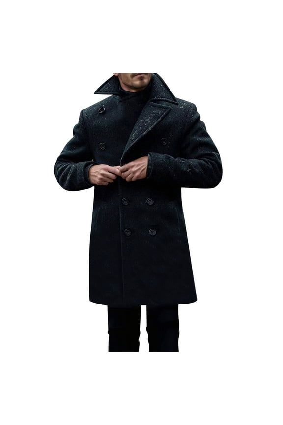 Double Breasted Warm Woolen Coats Men's Fashion Casual Solid Color Buttons Pockets Long Sleeve Hoodless Casual Outwear Trench Coat