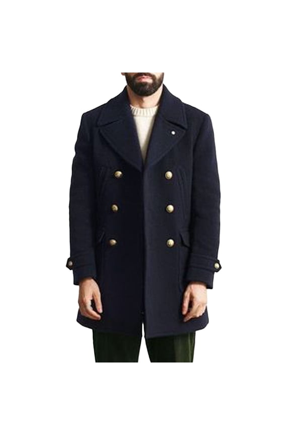 Double Breasted Warm Woolen Jacket Men's Fashion Casual Solid Color Buttons Pockets Long Sleeve Hoodless Casual Outwear Trench Coat