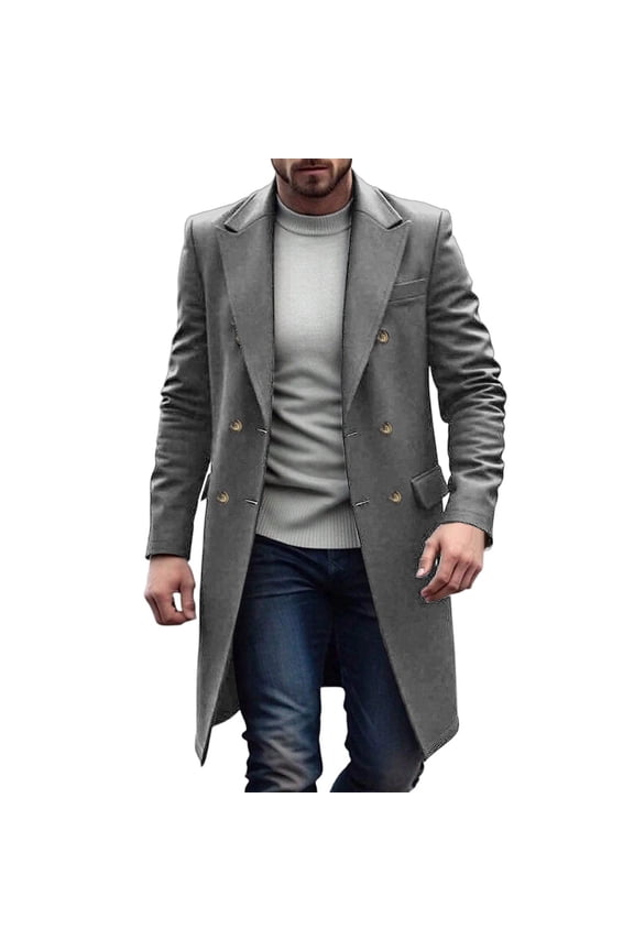 Double-breasted Warm Woolen Cloth Jacket Long Coat Solid Color Flip Collar Men Long Sleeve Hoodless Casual Outwear Pocket
