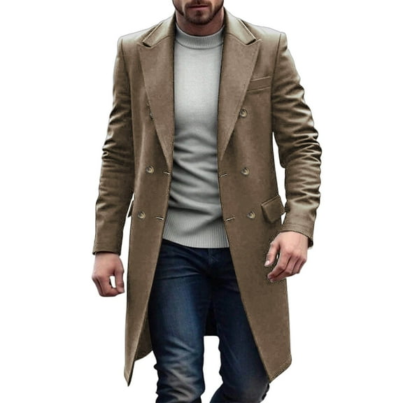 Turilly Double-breasted Warm Woolen Cloth Jacket Long Coat Solid Color Flip Collar Men Long Sleeve Hoodless Casual Outwear Pocket