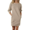 thumbnail image 1 of Turilly Fall Winter Dresses for Women Women's Casual Round Neck Five Quarter Sleeve Pocket Solid Color Dress, 1 of 6