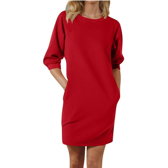 Turilly Fall Winter Dresses for Women Women's Casual Round Neck Five Quarter Sleeve Pocket Solid Color Dress