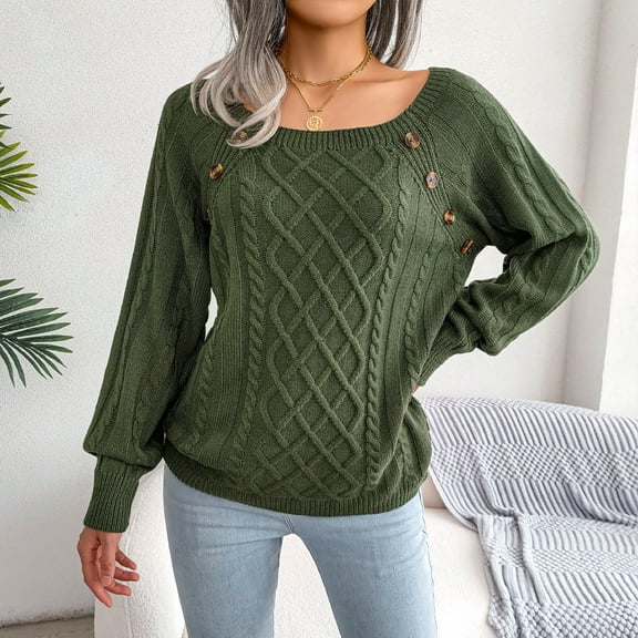 Turilly Fashion Women Casual Solid Long Sleeve Loose Round Neck Sweater Pullver Button Blouse Autumn Tops