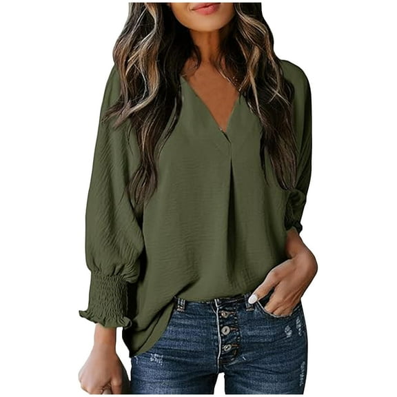 Turilly Fashion Women Solid 3/4 Sleeve Fall And Winte V-Neck Turndown Collar Pullover Tops Blouse
