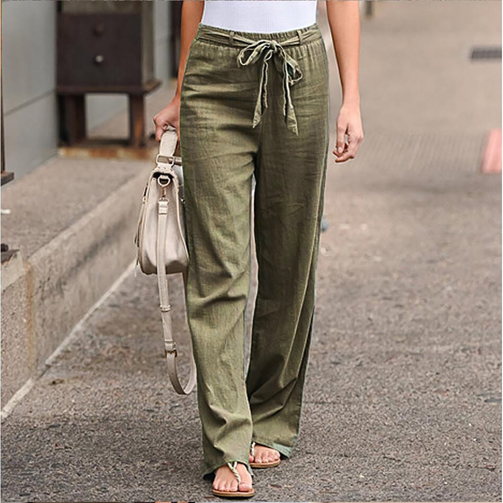 Turilly Fashion Women Solid Color Linen Sashes Straight Casual Long Pants  Trousers