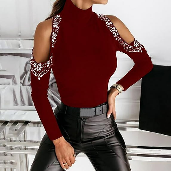 Turilly Fashion Women Solid Color Long Sleeve TurtleNeck Rhinestone Shirt Tops