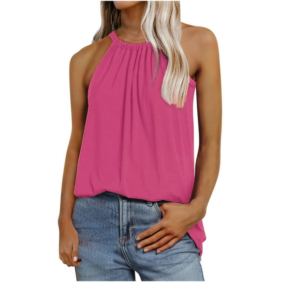 Turilly Fashion Women Summer Solid V-Neck T-Shirt Sleeveless Bandage Casual Blouse Tops Hot Pink S