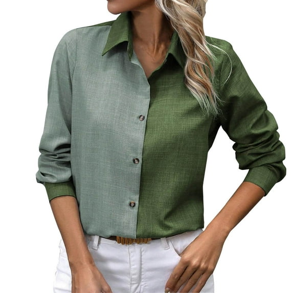 Turilly Fashion Women's Casual Color Blocking Blouses Button Long Sleeved Turndown Collar Top