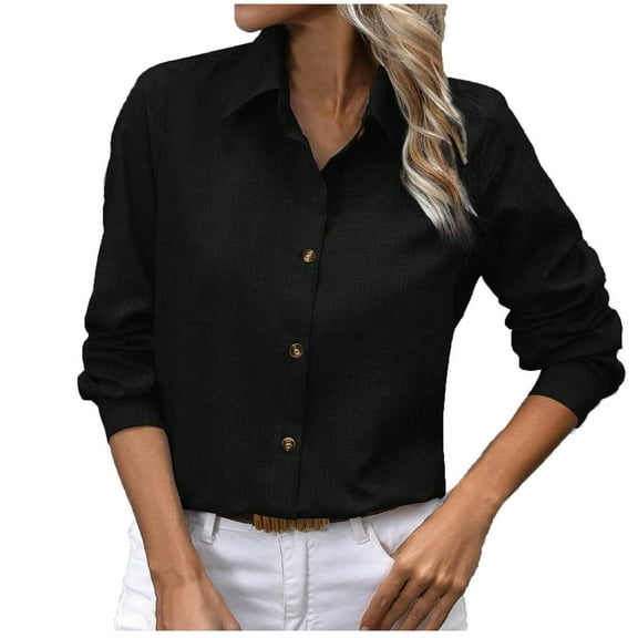 Turilly Fashion Women's Casual Solid Color Blouses Button Long Sleeved Turndown Collar Top