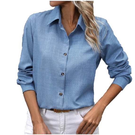 Turilly Fashion Women's Casual Solid Color Blouses Button Long Sleeved Turndown Collar Top
