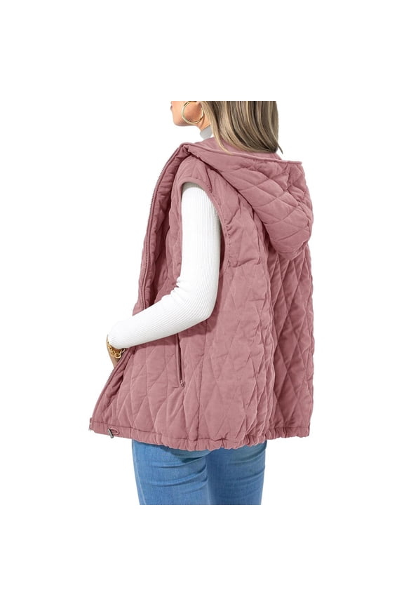 Fashion Women's Solid Color Cotton Outwear Zipper Sleeveless Tank Top Hooded Pocket Draw Rope Casual Jacket