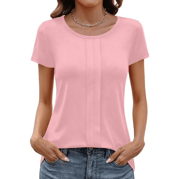 Turilly Fashionable Women's Casual T-Shirts Ladies Loose Fitting Round Neck Short Sleeve Solid Color Top Pink L