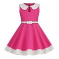 thumbnail image 1 of Turilly Girl's Clothes Sets Girl's Summer Retro Waist Stripe Solid Color Spliced Flying Sleeve Sleeves Round Neck Dress, 1 of 5