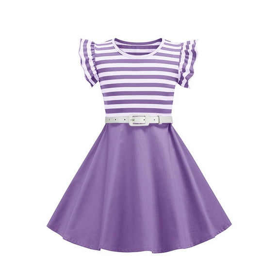 Turilly Girl's Clothes Sets Girl's Summer Retro Waist Stripe Solid Color Spliced Flying Sleeve Sleeves Round Neck Dress