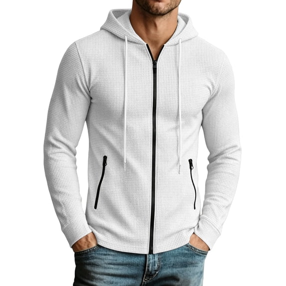 Turilly Hoodies Men Waffle Knit Zip Up Hoodie Solid Color Casual Lightweight Jacket